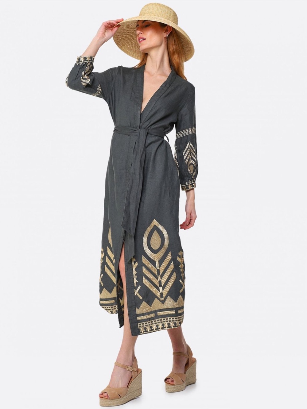 Greek Archaic Kori Feather Linen MIDI Dress Navy NWT - Picture 4 of 11